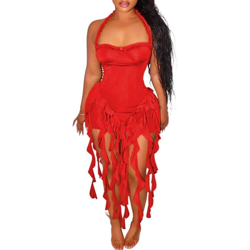 Women's Summer Ruffle Fringe Mini Dress Backless Halter Bodycon Party
